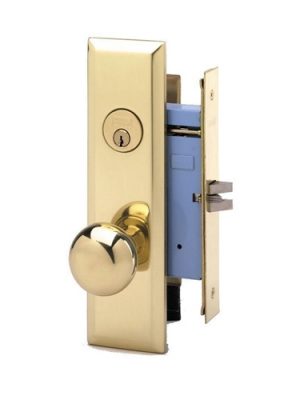 Gold door handle with lock and deadbolt mechanism on a white background.