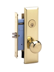 Gold-colored door handle and lock on a cutaway of a blue door mechanism.
