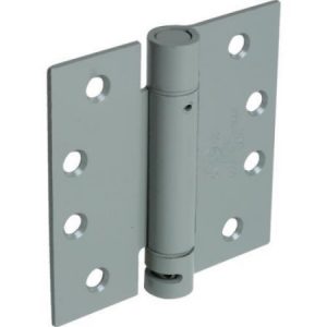 A gray door hinge with multiple screw holes for mounting.