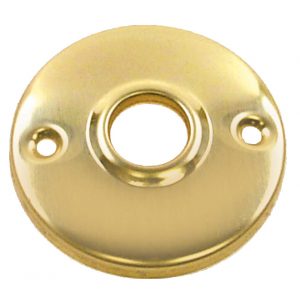 Gold-colored metal door peephole cover with two screw holes.