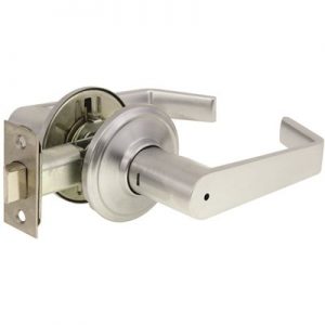 Modern metal door handle with lock on a white background.