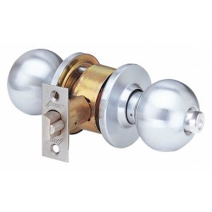 A silver doorknob with a lock mechanism on a white background.