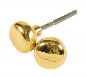 Two shiny gold-colored doorknobs with screws on a white background.