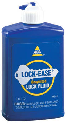 Bottle of Lock-Ease graphited lock fluid with warning labels.