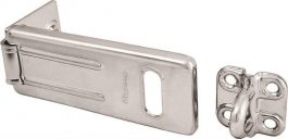 A metal barrel bolt lock with a sliding latch and separate catch plate.