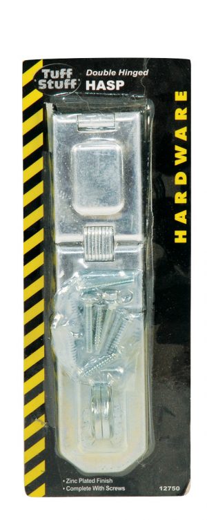 Double hinged hasp hardware in packaging with screws, zinc-plated finish.