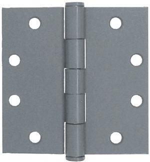 A metal door hinge with a gray finish and multiple screw holes.