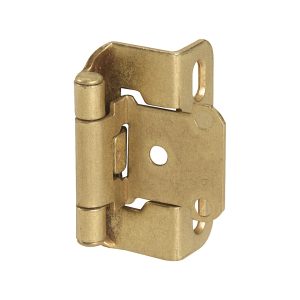 Brass cabinet hinge isolated on a white background.
