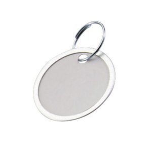 Blank round metal keychain with a silver finish and attachment ring.