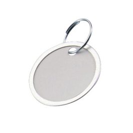 Blank silver keychain with a metal ring on a white background.