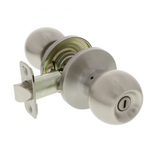 A stainless steel door knob with a keyhole, disassembled from the door.