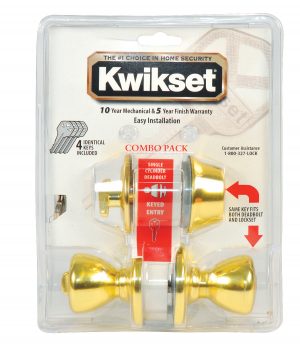 Kwikset doorknob and deadbolt combo pack in packaging with keys.