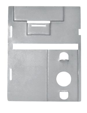 A metal floppy disk save icon plate with punch-out design.