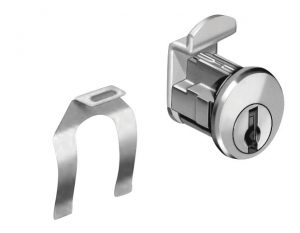 A metal cam lock next to its corresponding key on a white background.
