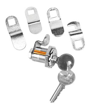 Assorted cam lock mechanisms and keys on a white background.