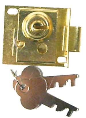 A brass lock housing and a set of three keys on a keyring isolated on a white background.