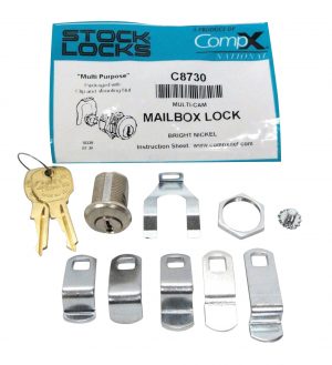 Multi-purpose mailbox lock kit with keys, lock barrel, and hardware on white background.