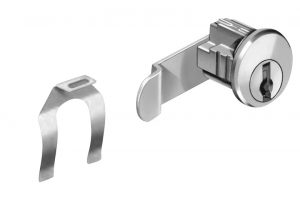 A metal cam lock and its matching key on a white background.