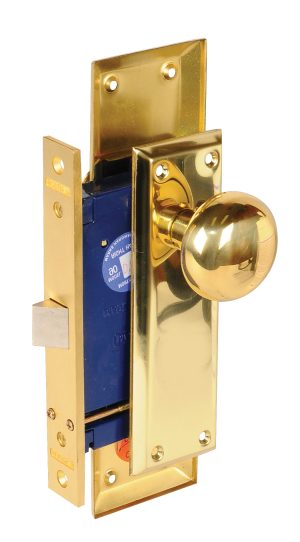 A brass door handle on a latch mechanism, isolated on a white background.