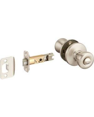A disassembled door knob with lock mechanism and key on a white background.