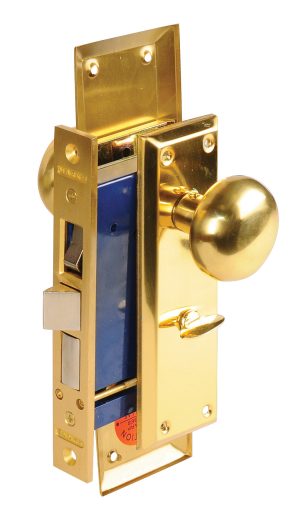 Brass doorknob on a blue mortise lockset, isolated on a white background.