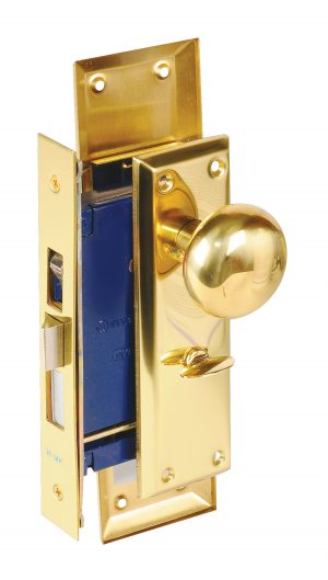 Gold-toned doorknob and lock mechanism isolated on a white background.