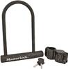 U-lock bicycle lock with keys and cable attachment on white background.
