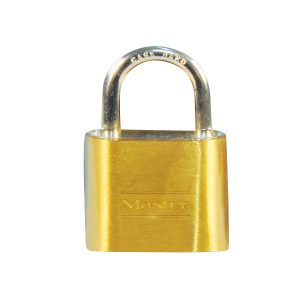A gold-colored padlock with the brand "Master" engraved on the front.