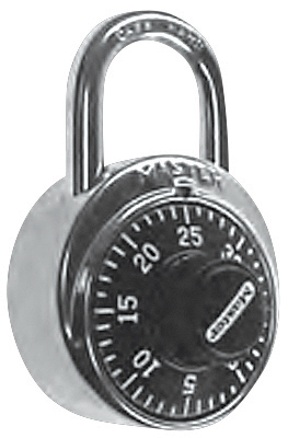 A combination padlock with a black dial on a white background.