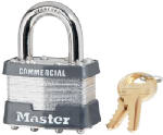 A Master brand padlock with key on white background.