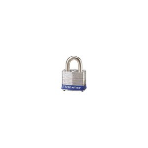 Silver padlock with blue label isolated on a white background.