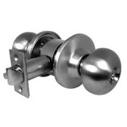 A metallic door knob with a lock mechanism on a white background.