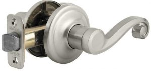 Satin nickel door handle with lock on a white background.