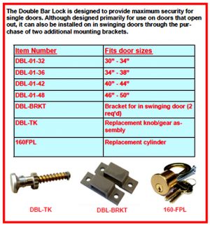 An infographic about door security bars, including a size chart and images of components.
