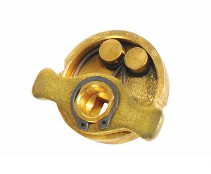 Brass mechanical component with bearings on a white background.