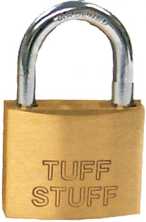 A brass padlock with "TUFF STUFF" engraved on the front and a silver shackle.