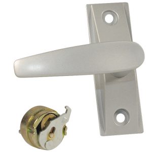 A detached white door handle and lock mechanism on a white background.