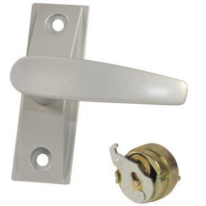 Silver door handle and lock mechanism isolated on a white background.