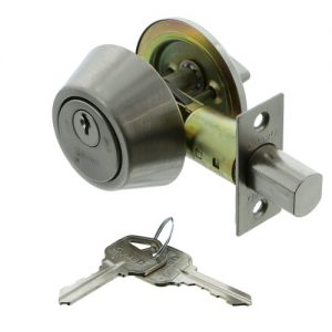 Stainless steel deadbolt lock with keys on a white background.