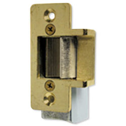 A brass door latch against a white background.