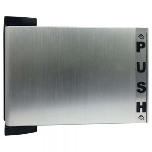 A metal push door plate with black end caps and "PUSH" text on the right side.