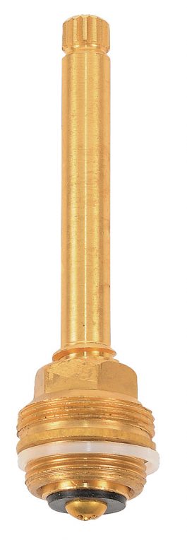 A brass faucet cartridge with threaded top and rubber seal on white background.