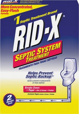 RID-X septic system treatment product package with details on prevention and breakdown of waste.