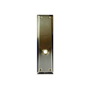 Polished metal doorbell panel with a round button centered on a white background.