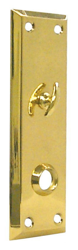 A gold-colored door security latch plate with peephole.