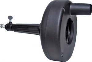 Black manual coffee grinder with adjustable grind size knob.