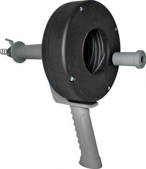 Hand-cranked manual ice auger with dual flat blades for ice fishing.