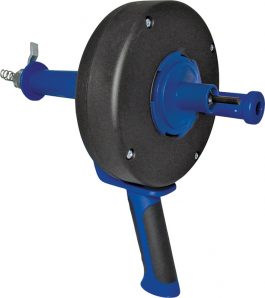 Handheld manual fishing reel in blue and black colors.