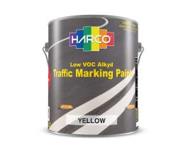 Can of yellow traffic marking paint with road stripe design.