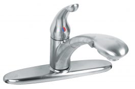 Single-handle stainless steel kitchen faucet on white background.